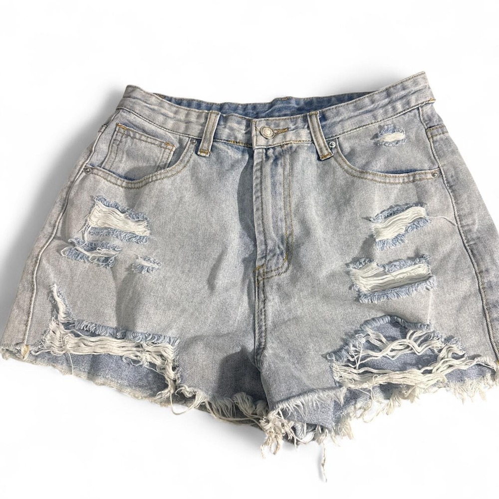 Womens Light Wash Distressed Denim Shorts High Waisted Frayed Hem Cut Offs Blue